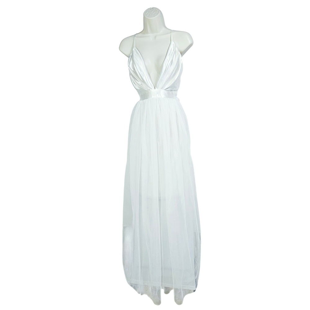White Satin Tulle Pleated Maxi Dress Small Fairycore Bridal Angelcore Gown READ